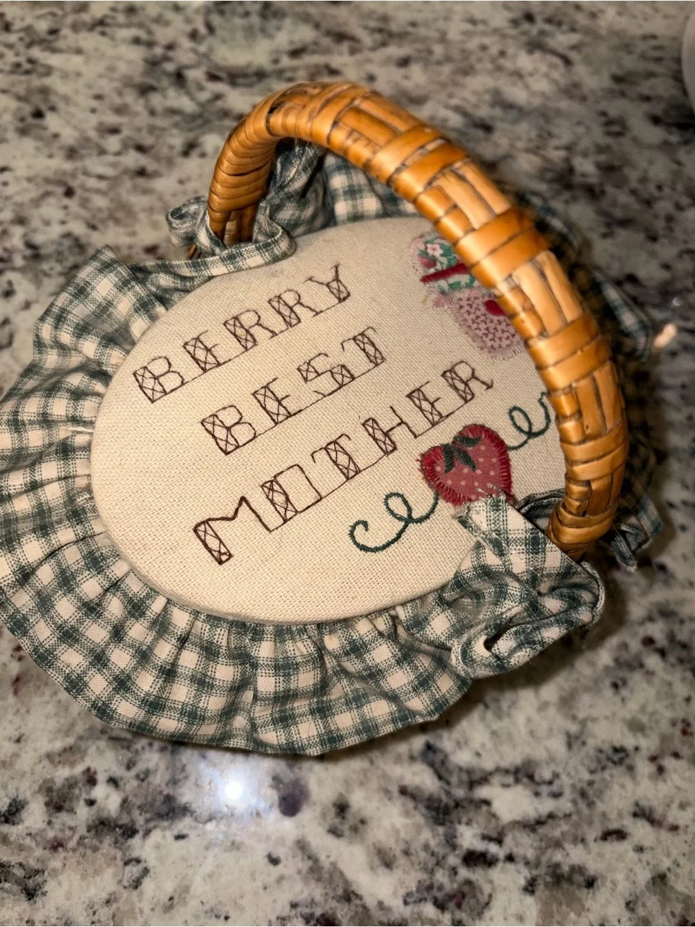 Handmade 'Berry Best Mother' Embroidered Basket Cover - Green Plaid